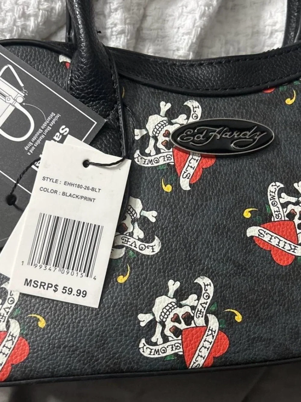 Ed Hardy Black Satchel with Red Heart & White Skull Motif